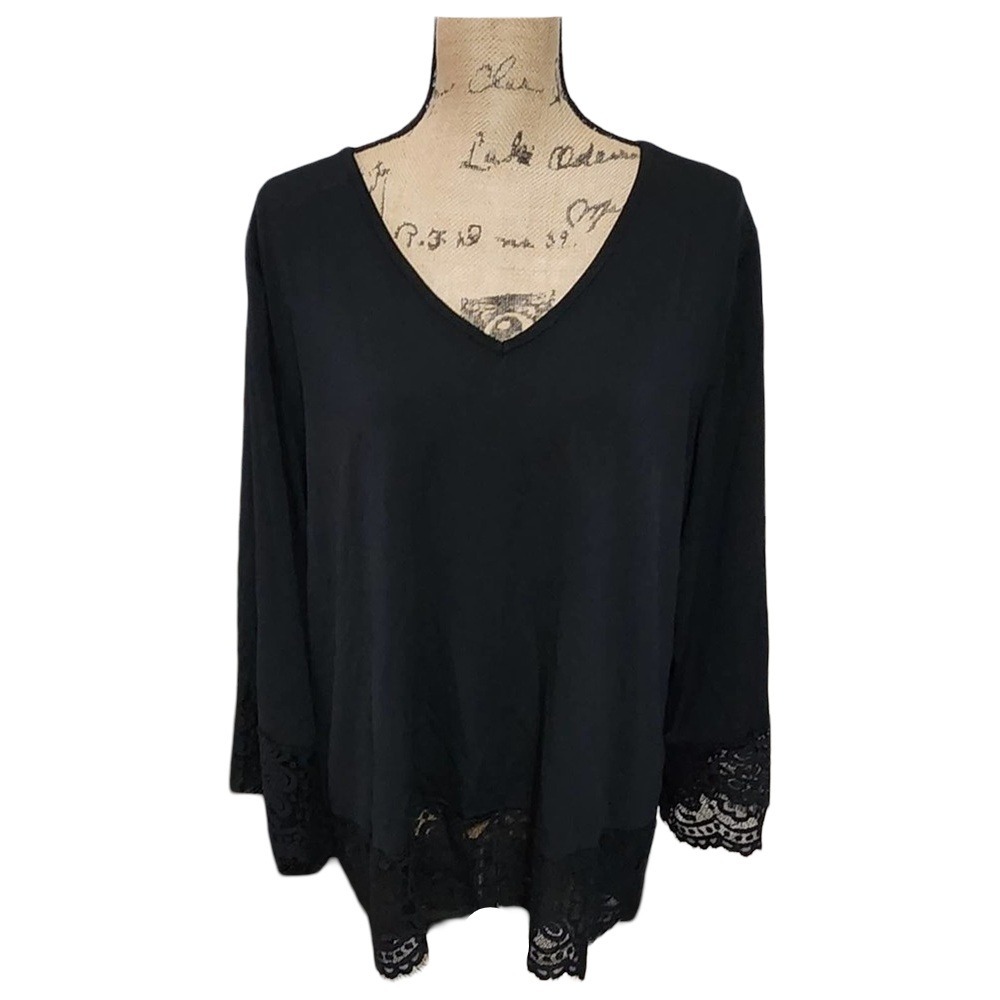 Avenue‎ Womens Plus Size 18/20 Black V-Neck Lace Trim Tunic Top Long Sleeve 2X
